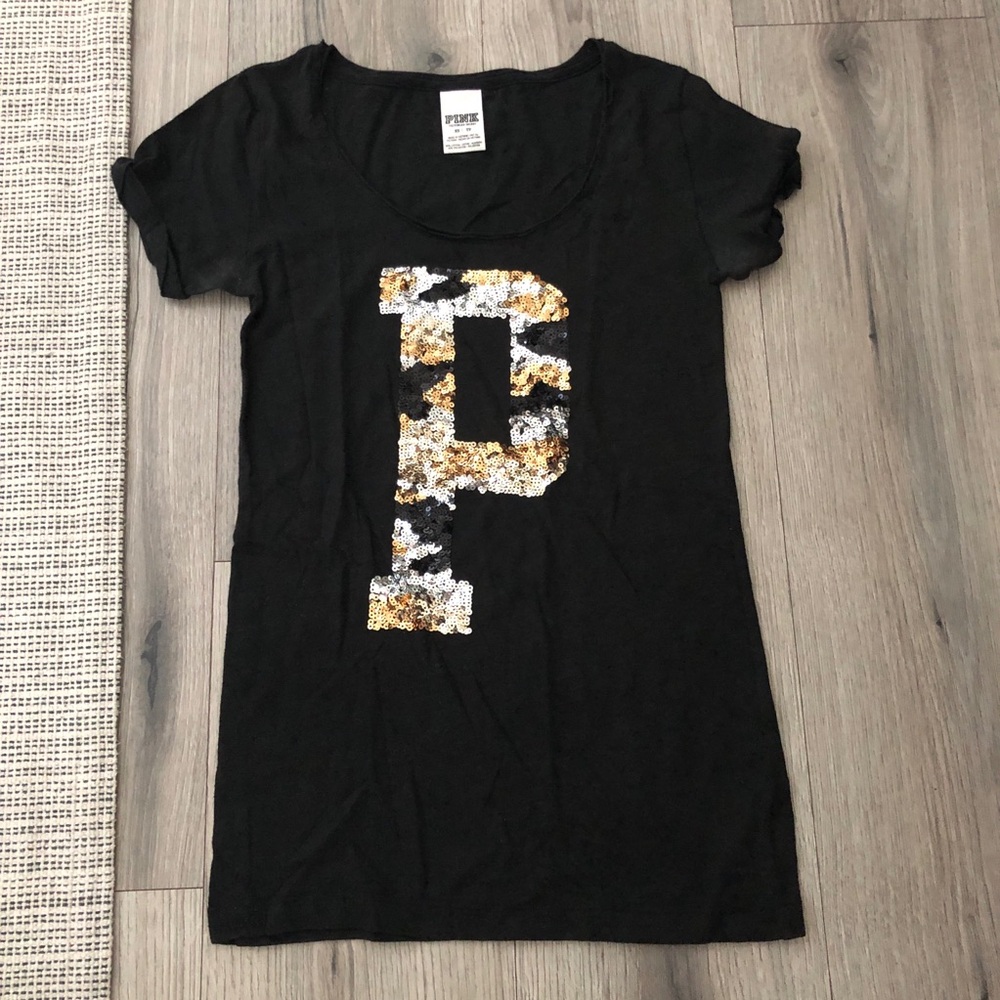 Victoria’s Secret Pink Rhinestone Embellished P Tee Shirt Bling Sequin XS Black